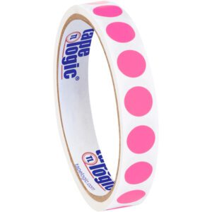A roll of white tape adorned with pink polka dots, similar to MH-USAs 1/2 Fluorescent Pink Inventory Circle Labels (500/Roll), is elegantly displayed. The inner side reads Tape Logic, set against a plain white backdrop.