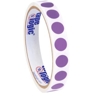 A roll of white adhesive tape with large purple dots is evenly spaced to resemble the MH-USA 1/2 Purple Inventory Circle Labels (500/Roll), and features branded text on its inner cardboard core.