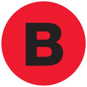 A bold black B is centered in a vibrant fluorescent red circle like the MH-USA 1 Circle - B Letter Labels (500/Roll).