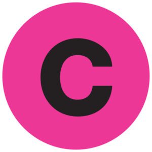 A large black C is centered inside a vivid fluorescent pink circle on a white background, evoking the MH-USA 1 Circle - C (Fluorescent Pink) Letter Labels, which come in rolls of 500.