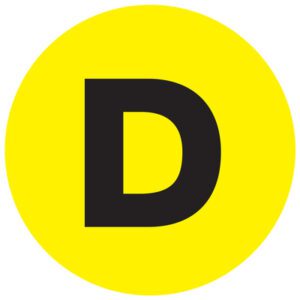 A bold black D stands out on a fluorescent yellow circle, like the MH-USA 1 Circle - D (Fluorescent Yellow) Letter Labels, with each roll offering 500 vibrant labels.