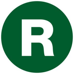 A bold R in white is centered in a green circle, similar to the MH-USA 2 Circle - R (Green) Letter Labels, available in rolls of 500.