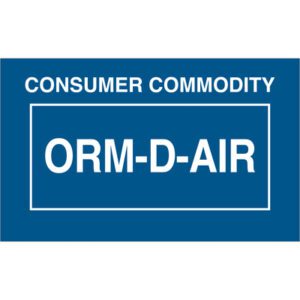 The MH-USA labels are blue, rectangular (1 3/8 x 2 1/4), with white text CONSUMER COMMODITY and ORM-D-AIR, enclosed in a thin border. Sold in rolls of 500, they meet MH-USA requirements.