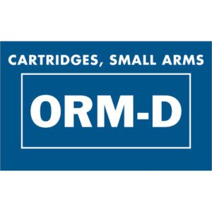 The MH-USA 1 3/8 x 2 1/4 labels display a blue label with white text reading CARTRIDGES, SMALL ARMS at the top and a centered ORM-D box below, ideal for marking small arms cartridges. Available as rolls of 500 labels.