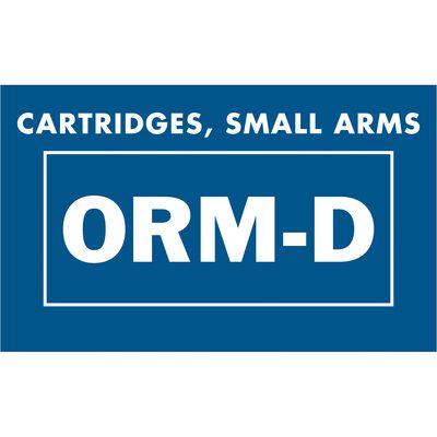 DL7011.jpg The MH-USA 1 3/8 x 2 1/4 labels display a blue label with white text reading CARTRIDGES, SMALL ARMS at the top and a centered ORM-D box below, ideal for marking small arms cartridges. Available as rolls of 500 labels.