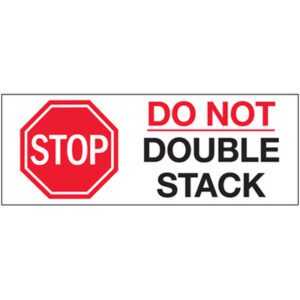 The MH-USA 3 x 8 Stop - Do Not Double Stack Labels feature a red stop sign symbol on the left and instructions in red and black text on the right. Each roll contains 250 labels, ideal for packaging needs.