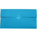 A closed, rectangular blue envelope sealed with an MH-USA 1 1/4 Clear Circle Mailing Label in the center of the flap; its minimalist design pops against a crisp white background.
