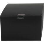 The MH-USA 1 x 1 Clear Square Mailing Labels come in a sleek black cardboard box with a glossy finish, featuring a small tab on the front, blending simplicity with elegance.