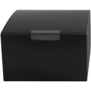 A plain black rectangular box with a curved lid and a transparent, circular closure tab is centered against a white background, neatly accompanied by MH-USA 1 x 2 Clear Rectangle Mailing Labels (1,000/Roll), ready to organize with precision.