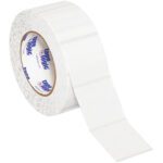 A large roll of white adhesive labels with a partially unrolled strip resembles the MH-USA 2 x 2 Clear Square Mailing Labels (1,000/Roll). These evenly spaced, blank labels are ideal for printing or writing.