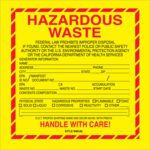 The MH-USA 6 x 6 Hazardous Waste - California labels feature yellow with a red border and Hazardous Waste text, fields for generator details, and checkboxes for properties like flammable and toxic. Each roll contains 500 labels to handle with care.