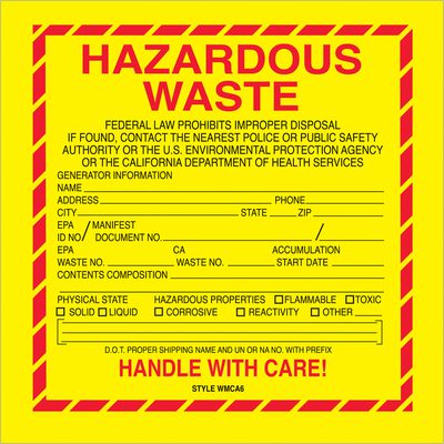 DL7510.jpg The MH-USA 6 x 6 Hazardous Waste - California labels feature yellow with a red border and Hazardous Waste text, fields for generator details, and checkboxes for properties like flammable and toxic. Each roll contains 500 labels to handle with care.