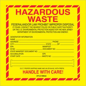 The MH-USA 6 x 6 Hazardous Waste - New Jersey labels feature a yellow label with a red border, warning text, and fields for generator info (name, address, city, state, ZIP), EPA ID number, manifest number, and accumulation details. Comes in rolls of 500. Handle with care.