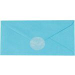 A blue envelope is sealed with an MH-USA 1 1/2 Frosty White Circle Paper Mailing Label (5,000/Roll), adding elegance against a plain white background and highlighting its back flap.