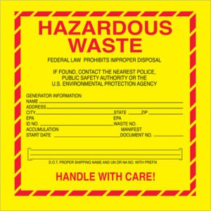 The MH-USA 6 x 6 - Hazardous Waste - Standard Labels (500/Roll) feature a yellow design with red borders and text. They include sections for generator info, EPA details, handling instructions, advise contact with authorities if found, and stress Handle with Care!.