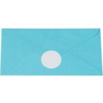A closed blue envelope is sealed with an elegant MH-USA 1 1/2 white circle paper mailing label from a roll of 5,000.