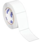 A roll of MH-USA 2 x 3 removable adhesive labels (500/roll) unfurls to show blank rectangular labels, with an inner core displaying Tape Logic, ready for organizational tasks.