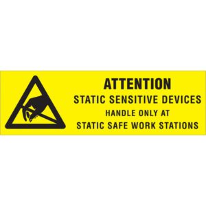 Yellow warning label with triangle, hand, and spark symbol reads: MH-USA 5/8 x 2 - Attention - Static Sensitive Devices. HANDLE ONLY AT STATIC SAFE WORK STATIONS. (500/Roll).