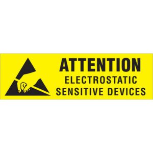 MH-USA 3/8 x 1 1/4 labels feature a yellow warning with a black crossed-out hand symbol, labeled ATTENTION ELECTROSTATIC SENSITIVE DEVICES. Available in rolls of 500 for effective communication in sensitive environments.