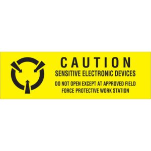 Yellow caution sign with a recycling symbol. Text: Caution. MH-USA 5/8 x 2 - Sensitive Electronic Devices Labels (500/Roll). Open only at approved field force protective work stations.