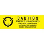 A yellow caution sign with a circular arrow warns: Caution: Sensitive Electronic Devices. Avoid shipping or storing near strong electrostatic, electromagnetic, magnetic, or radioactive fields. Perfect for MH-USA 5/8 x 2 - Sensitive Electronic Devices Labels (500/Roll).