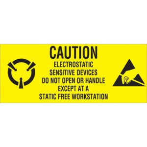 The MH-USA 1 x 2 1/2 Electrostatic Sensitive Devices Labels (500/Roll) feature a yellow warning label with bold black text: Caution - Electrostatic Sensitive Devices. Do not open or handle except at a static-free workstation, including symbols for caution and electrostatic hazards.