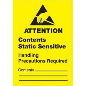 The MH-USA 1¾ x 2½ labels (500/roll) feature a yellow warning sign with a hand and triangle, reading: ATTENTION Contents Static Sensitive Handling Precautions Required, and include blank lines labeled Contents for more information.
