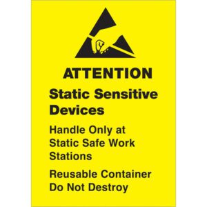 Yellow warning sign featuring a hand and triangle symbol with the text: ATTENTION Static Sensitive Devices. Handle Only at Static Safe Work Stations. These MH-USA 1 3/4 x 2 1/2 labels are ideal for marking static-sensitive equipment containers. (500 labels per roll).