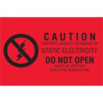 Red label with a black crossed-out lightning bolt symbol and text: MH-USA 2 x 3 - Subject to Static Damage Labels (500/Roll). Caution: Handle contents only at static-free workstations to prevent static electricity damage.