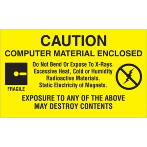 The MH-USA 3 x 5 label warns in bold black: CAUTION COMPUTER MATERIAL ENCLOSED. Do Not Bend Or Expose To X-Rays, Excessive Heat, Cold or Humidity. Radioactive Materials. Static Electricity or Magnets. Includes fragile symbol, 500 labels per roll.