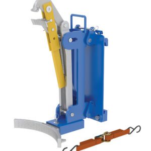 The Vestil Drum Lifter, Carriage Mounted, features a blue and silver base with a yellow lever and includes a brown strap with black hooks for versatile use.