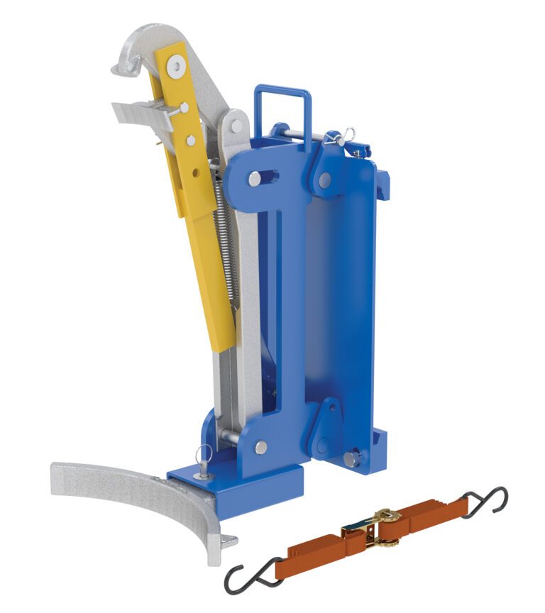 DLH-CL2-1_A.jpg The Vestil Drum Lifter, Carriage Mounted, features a blue and silver base with a yellow lever and includes a brown strap with black hooks for versatile use.