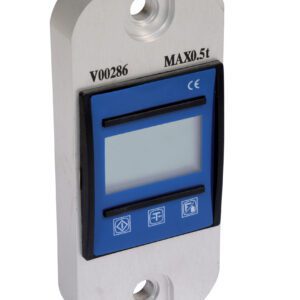 The Vestil Digital Load Indicator 1000 Lb has a rectangular blue display, control buttons below, is mounted on a sturdy metal bracket with two screw holes, and labeled V00286 and MAX0.5t, ensuring precise measurements.