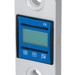 The Vestil Digital Load Indicator 2000 Lb boasts a sleek rectangular design with a blue display, three buttons, sturdy metal casing, and two circular mounting holes. The CE mark adds sophistication to this robust gauge.