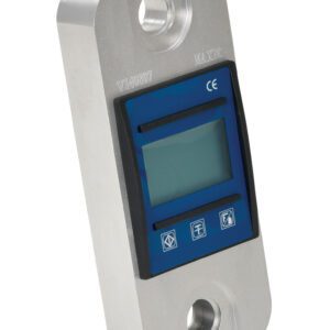 The Vestil Digital Load Indicator 4000 Lb features a blue display and silver casing, with two circular connectors at opposite ends. Intuitive control buttons are located below the screen for easy use.