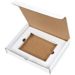 An open MH-USA White DVD Literature Mailer Kit (11 1/8 x 8 3/4 x 2) is partly ajar, revealing a central flat item framed by a raised border, highlighting the practical design of this versatile solution.