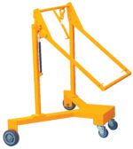 The orange folding engine hoist with hydraulic jack is perfect for lifting engines, thanks to its adjustable arm for varied reach and angles, resembling the versatile Vestil Drum Lifter/Palletizer. It also features two rear wheels and a rotating front wheel for easy mobility.