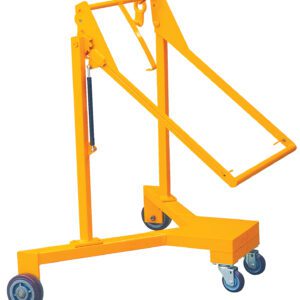 The orange folding engine hoist with hydraulic jack is perfect for lifting engines, thanks to its adjustable arm for varied reach and angles, resembling the versatile Vestil Drum Lifter/Palletizer. It also features two rear wheels and a rotating front wheel for easy mobility.