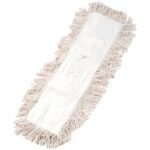 The MH-USA Economy Cut-End Dust Mop Head - 24 is a rectangular white mop head with beige fringes, ideal for floor cleaning. It has a cloth center and fringed edges for efficient dust collection and easy maintenance.
