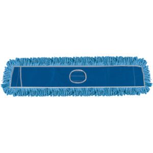 The 36 MH-USA Deluxe Looped-End Dust Mop Head has a blue rectangular design with fringe edges and a central pocket for easy handle attachment, optimizing cleaning efficiency.
