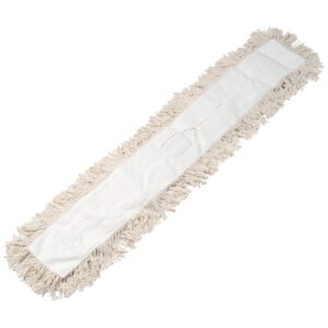 The MH-USA Economy Cut-End 48 Dust Mop Head is a rectangular, white, fringed mop perfect for floor cleaning. Its long, narrow design and side-extending fabric offer a fluffy look that efficiently captures dust.