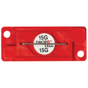 The red rectangular 15G Drop-N-Tell® Indicator, with a central wire indicator and two circular mounting holes at each end, is part of the 25-per-case collection.