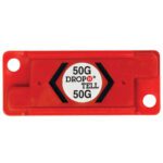 A red rectangular device marked 50G DROP N TELL has mounting holes on both ends, with side arrows. It features 50G Resettable Drop-N-Tell® Indicators and is sold in packs of 25 per case.