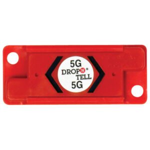 A rectangular red 5G Resettable Drop-N-Tell® Indicator has two end holes and a central label with 5G DROP N TELL 5G and inward-pointing black arrows. Sold in cases of 25.