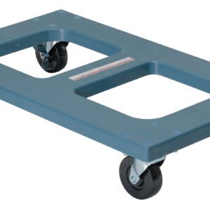 The Vestil Polyethylene Dolly Flush Top 18 X 30, made of blue plastic, includes a flush top design with two rectangular cutouts for easy handling. It measures 18 x 30 inches and features four swivel caster wheels, ideal for transporting heavy objects or boxes.