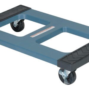 The Vestil Polyethylene Dolly Padded Top 18 X 30 is a flat blue dolly with four black swivel caster wheels, two large cut-out handles for easy carrying, and black textured padding on opposite sides for grip and protection.