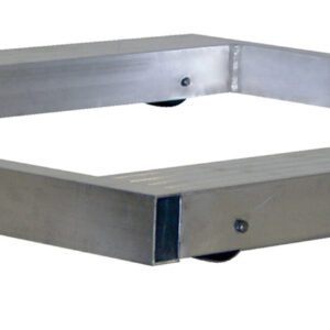 The Vestil Alum Pallet Dolly W/Tilt 4K 36 X 36 has a square metal frame, hollow center, and side wheels. Made from silver material, its lightweight and sturdy, shown against a plain white background.