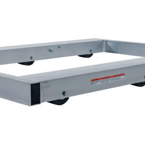 The Vestil Alum Pallet Dolly No Tilt 4K 36 x 48 features a sturdy silver frame on four black wheels, ideal for heavy-duty tasks. It includes red and white labels, enhancing the durability and reliability of its metal structure.