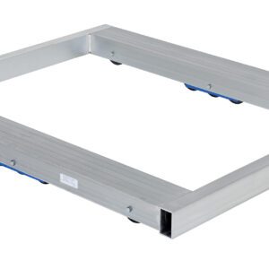 The Vestil Alum Pallet Dolly W/Tilt 8K 40 X 48, featuring a robust aluminum frame and four blue swivel casters, is ideal for moving heavy items. Its sleek, stylish design on a white background combines functionality with elegance.