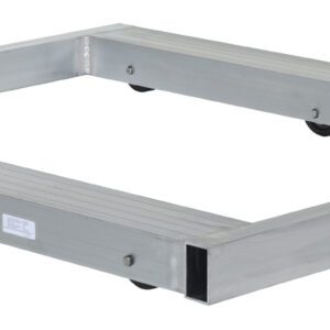 The Vestil Alum Pallet Dolly W/Tilt 4K 40 X 48, ideal for heavy objects, has a rectangular frame with a flat surface on four swivel casters. It supports up to 4,000 lbs and measures 40 x 48 inches. Its sleek silver finish pops against the white background.